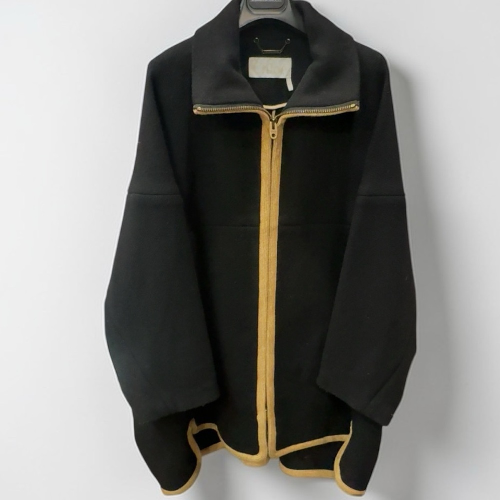 Chloe Black and Tan Trim Zip-Up Wool Oversized Jacket size 38